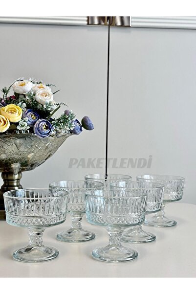 PAKETLENDİ 6 lı Ayaklı Şekerlik Tatlı Sunumluk Dondurmalık Magnolia Kasesi Kase Cam Çerezlik Sunum Elysia