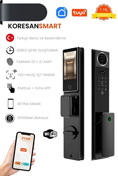 koresan Tuya Akıllı Kapı Kilidi - Yüz ve Avuç içi Tanıma - Parmak izi - Wifi - Parola - AK2 Model