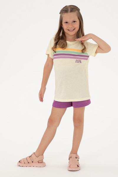 U.S. Polo Assn. Girl's Cream Crew Neck Colorful Line Printed Cotton T-Shirt 50306253-Vr071