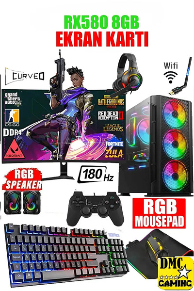 Dmc N187(PUBG,GTA 5)I5 9400f,32GB RAM,500GB HDD,256GB SSD,8GB RX580,24''180hz Oyuncu Masaüstü Bilgisayar