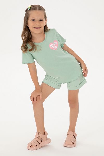 U.S. Polo Assn. Girl's Water Green Crew Neck Basic Cotton T-Shirt 50306225-Vr048