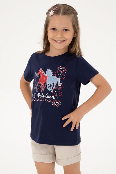 U.S. Polo Assn. Girl's Black Crew Neck Horse Printed Cotton T-Shirt 50306200-Vr033