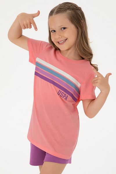U.S. Polo Assn. Girl's Pink Crew Neck Colorful Line Printed Cotton T-Shirt 50306253-Vr041