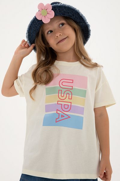 U.S. Polo Assn. Girls' Cream Comfort Crew Neck Colorful Line Printed Cotton T-Shirt 50306194-Vr071