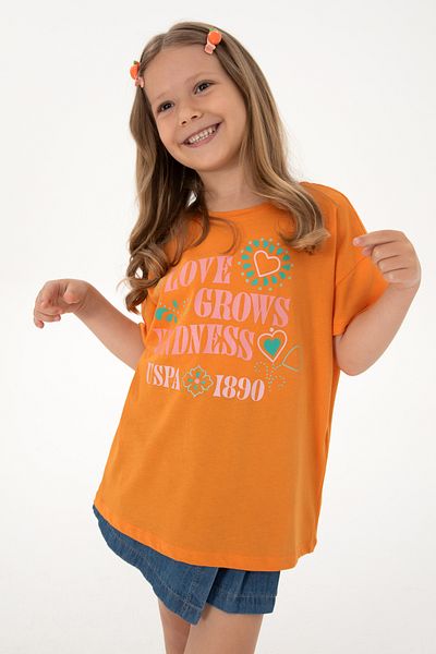 U.S. Polo Assn. Girls' Orange Crew Neck Printed Cotton T-Shirt 50306197-Vr051