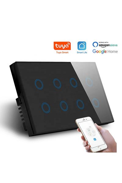SHAWADER مفتاح حائط ذكي يعمل باللمس مزود بخاصية واي فاي باللون الأسود ولوحة زجاجية 8 عصابة 147 × 86 مم تطبيق تويا Smartlife