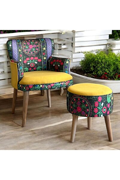 WATERYBROOK Berjer Puf Set -Tekli Koltuk Puflu-Berjer-Koltuk - Baskılı Kumaş- Doğal Ahşap