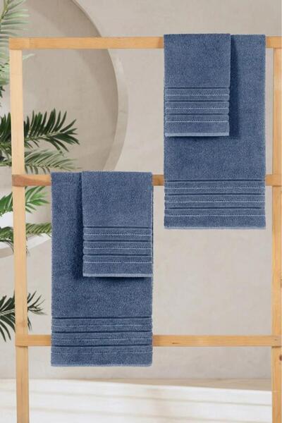MODALİN 4 Lü Banyo Havlusu Seti Dora Indigo - 70X140cm x2 / 50x90cm x2