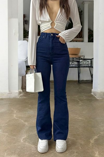 byhaziran butik Sandylie Dark Blue Spanish Leg High Waist Lycra Women's Jeans