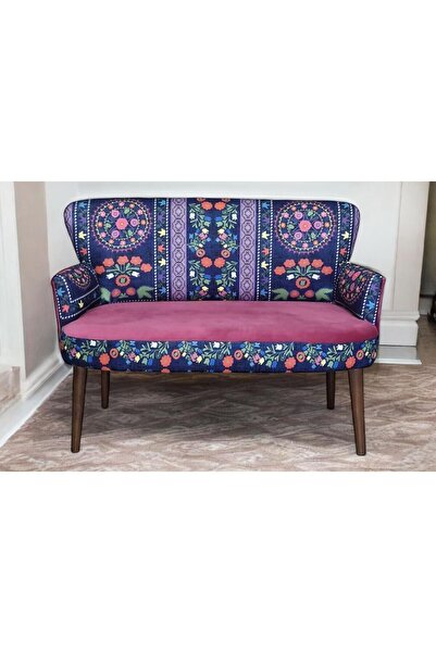 WATERYBROOK Ikili Koltuk - Etnik Desen - Nubuk Kumaş - Ahşap Ayak - Mor