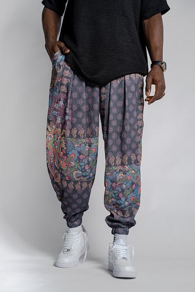 SUPERBLUE Men's Patterned Baggy Wrinkled Summer Baggy Trousers