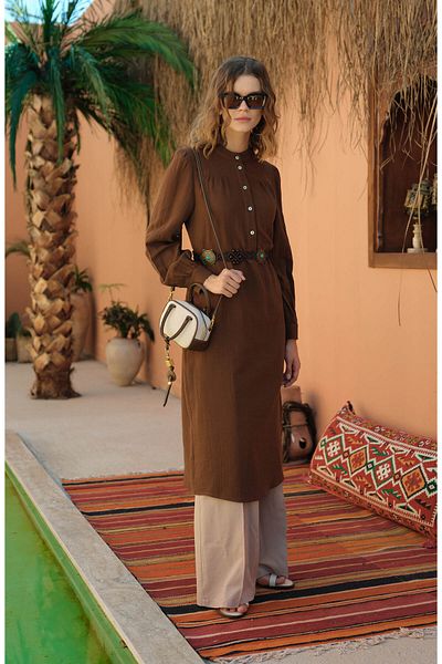 Fatma Atasoy Maxi Brown Muslin Tunic with Drawstring Robe
