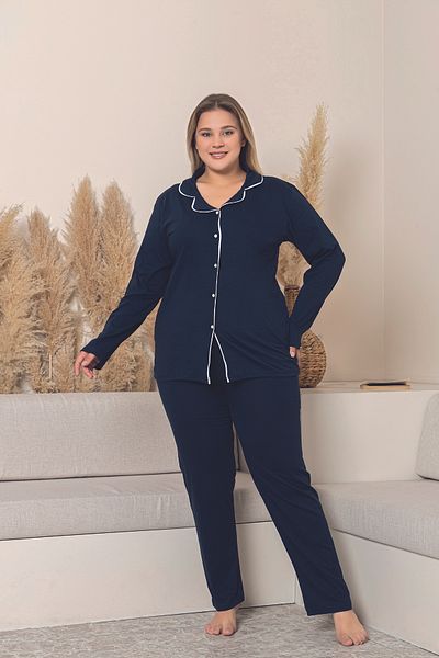 FORMO Women's 100% Cotton Piping High Quality Shirt Collar Buttoned Long Sleeve Battal Pajama Set