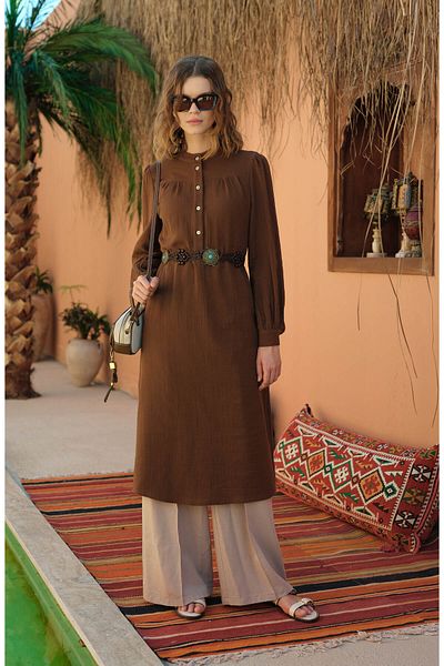 Fatma Atasoy Maxi Brown Muslin Tunic with Drawstring Robe