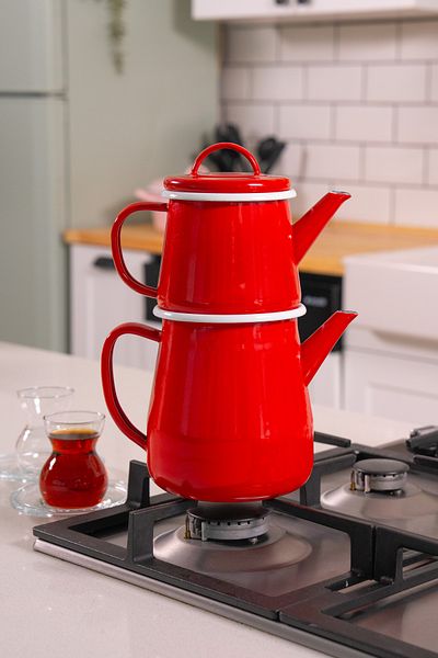 EBUTAY La Vita Rossa Enamel Red Teapot - Set of 2 Red Sahan with Handles and Handle