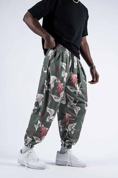 Superbluemexico Men's Loose Green Jogger Pants with Elastic Waist