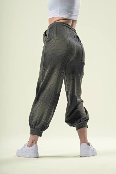 Superbluemexico Kadın Ekose Lastikli Haki Jogger Pantolon