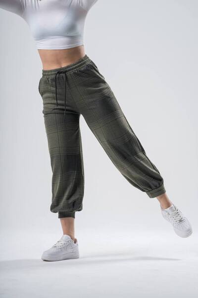 Superbluemexico Kadın Ekose Lastikli Haki Jogger Pantolon