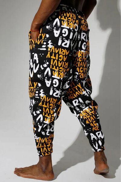 Superbluemexico Men's Letter Patterned Loose Yellow Baggy Trousers