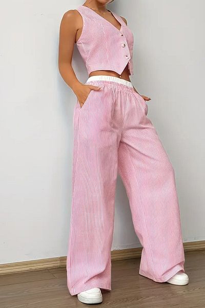 The Champ Clothing Set dublu țesut poplin în dungi pentru femei – vestă crop cu nasturi și pantaloni largi, model casual de vară