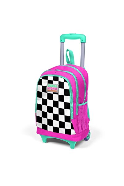 Coral High Kids Neon Pembe Dama Desenli Üç Bölmeli Çekçekli Okul Sırt Çantası 23901