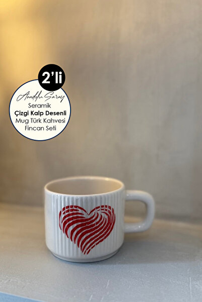Anadolu Saray 2'li El Yapımı Seramik Siyah ve Kırmızı Kalp Desenli Mug Kupa Fincan Takım | Mug Fincan Kahve Kupası