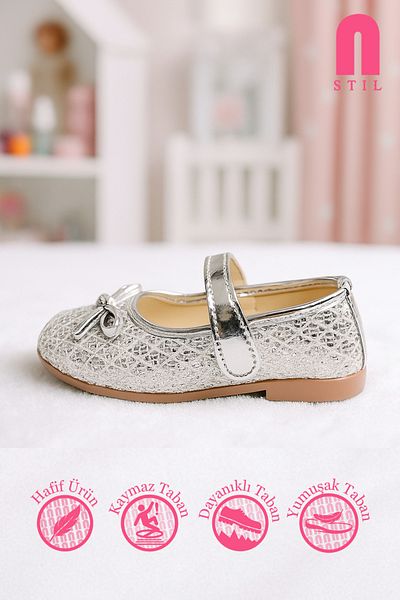 Nstil Daily Girl's Silver Ballerina Ballerina Velcro Tape Sequin and Bow Detailed Lightweight Comfortable Shoes 413