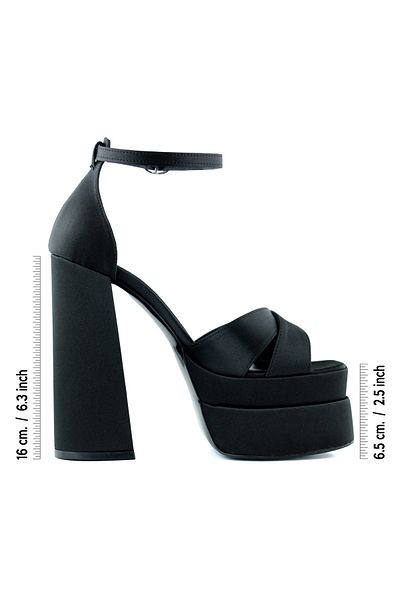 Erkan Saçmacı Black Satin Open Front Cross Strap Double Platform Thick Heeled Evening Dress Shoes