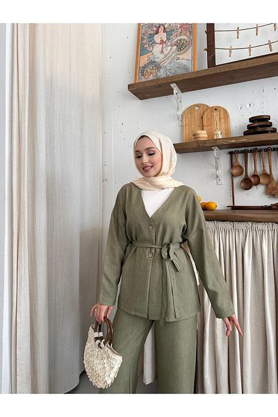 New Lune Women's Clothing Green Color Linen Belted Kimono Suit Bottom Top Double Suit, Hijab Suit