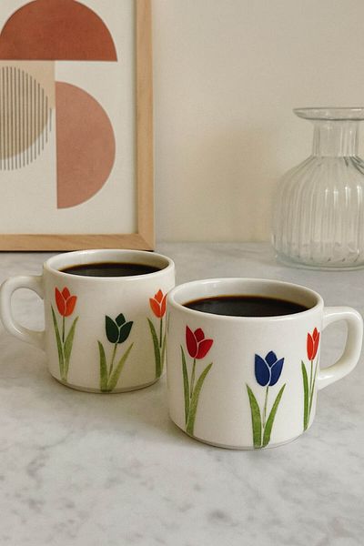 Anadolu Saray Set of 2 Handmade Ceramic Tulip Patterned Mug Set Turkish Coffee Cup Gift