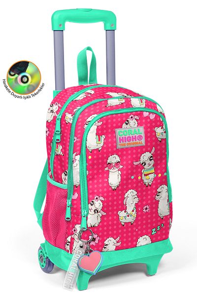 Coral High Rucsac cu racletă cu două compartimente, iluminat cu roți, cu model de alpaca, neon coral, 23364