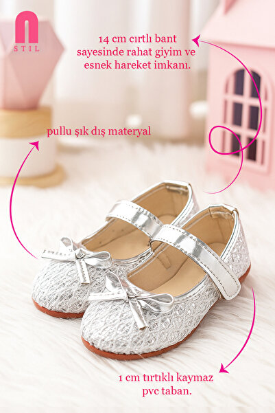 Nstil Daily Girl's Silver Ballerina Ballerina Velcro Tape Sequin and Bow Detailed Lightweight Comfortable Shoes 413