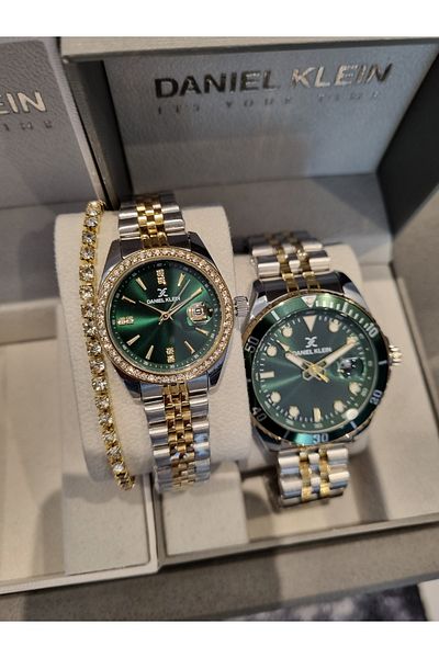 Daniel Klein Green Dial Dear Yellow Steel Bracelet Wrist Watch - Set of 2