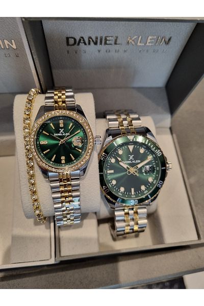 Daniel Klein Green Dial Dear Yellow Steel Bracelet Wrist Watch - Set of 2