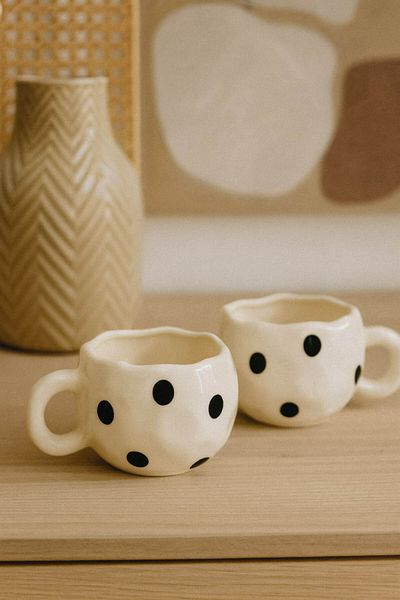 Anadolu Saray 2 Pcs Handmade Ceramic Black Polka Dot Printed Large Size Design Mug Mug Cup |   Mug Cup Mug