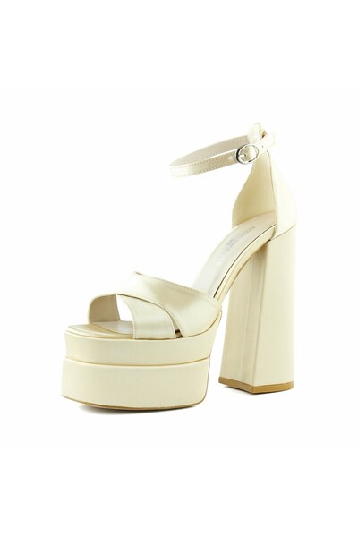 Erkan Saçmacı Skin Satin Open Front Cross Strap Double Platform Thick Heeled Evening Dress Shoes