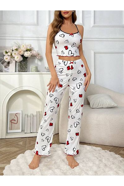 GAZANİGA Women's Lycra Heart Patterned Printed Nightgown Pajama Set Duru