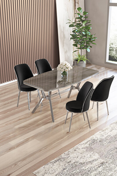 Canisa Lena Serisi 90x160 Antrasit Ironi Krom Kaplama Ayaklı Masa Takımı Ve 4 Siyah Sandalye