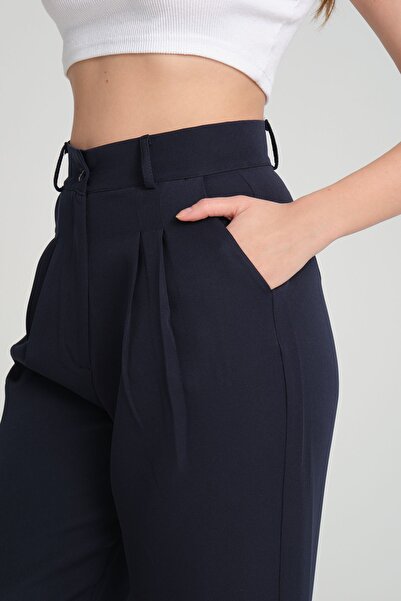 H&A İSTANBUL Palazzo Fabric Navy Blue Pleated Pants