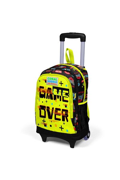 Coral High Kids Black Neon Yellow Game Over Patterned Three Compartment Squeegee School Backpack 23928