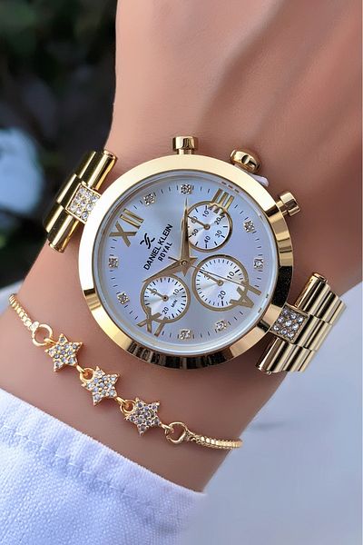 Daniel Klein Original 2 Years Warranty 3Atm Waterproof Gold Gold Women's Wristwatch with Bracelet Gift