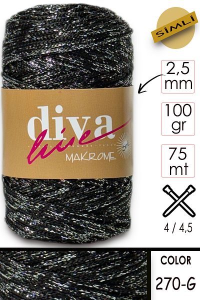 Diva İplik Diva Macrame Twine Glitter 270g Μαύρο-ασημί