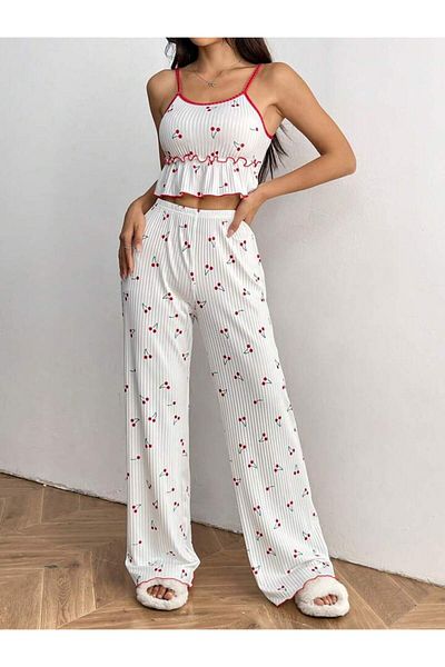 GAZANİGA Women's White Lycra Patterned Strappy Nightgown Pajama Set Chery