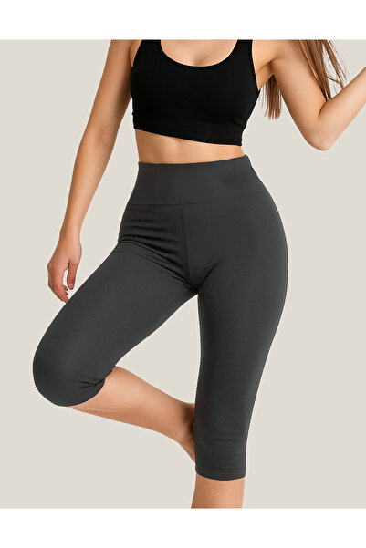 ALYA UNDERWEAR Diz Altı Kapri Tayt Yüksek Bel Likralı Parlak Dalgıç Kumaş, Antrasit (FÜME)