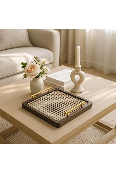 arykanda Black Hazeran Tray - Rattan Tray - Decorative Tray