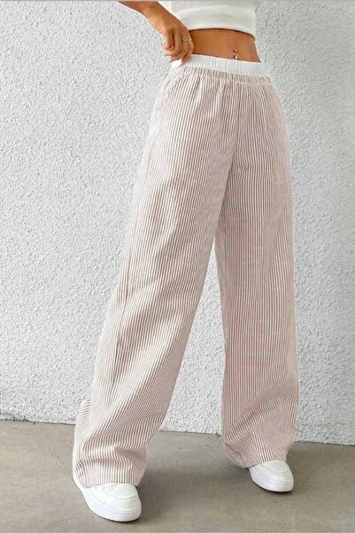 GIA - ART Women's Gray Striped Poplin Woven Trousers – High Waist Elastic Wide Leg Casual Model