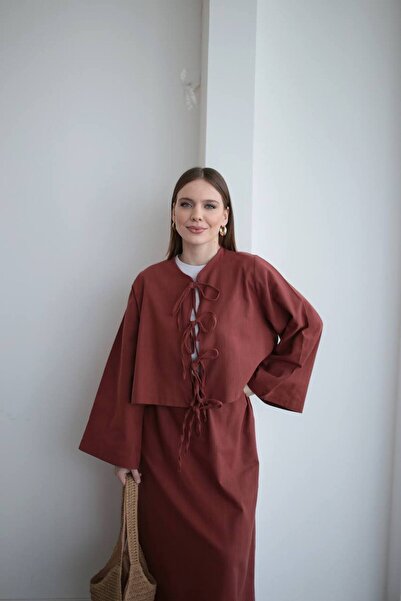 D'RECCY Women's Linen Tie Shirt Skirt Double Bottom Top Set