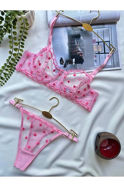 RUYAZ Model de inimă Roz Transparent Tulle Dantela Sutien Chiloți Set Lenjerie Set Lenjerie Lenjerie confortabilă