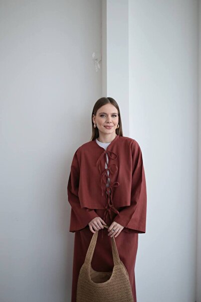 D'RECCY Women's Linen Tie Shirt Skirt Double Bottom Top Set