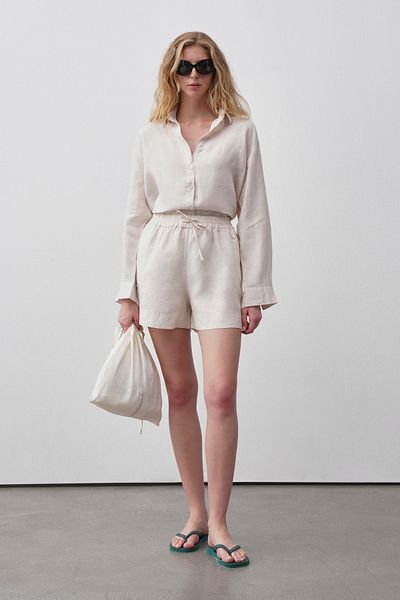 mathilda store Women's Raw Linen Shorts Shirt Set